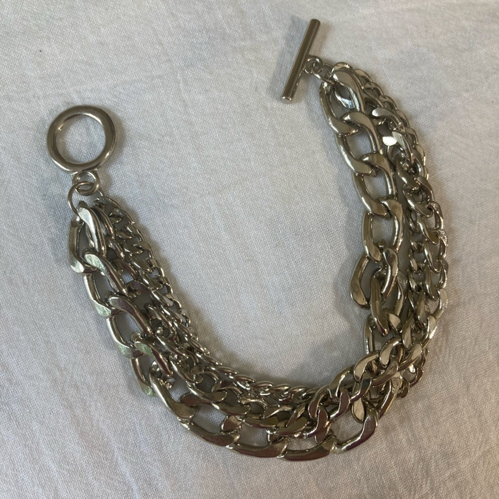 Multi Chain Silver Tone Link Bracelet Toggle Clasp - image 7